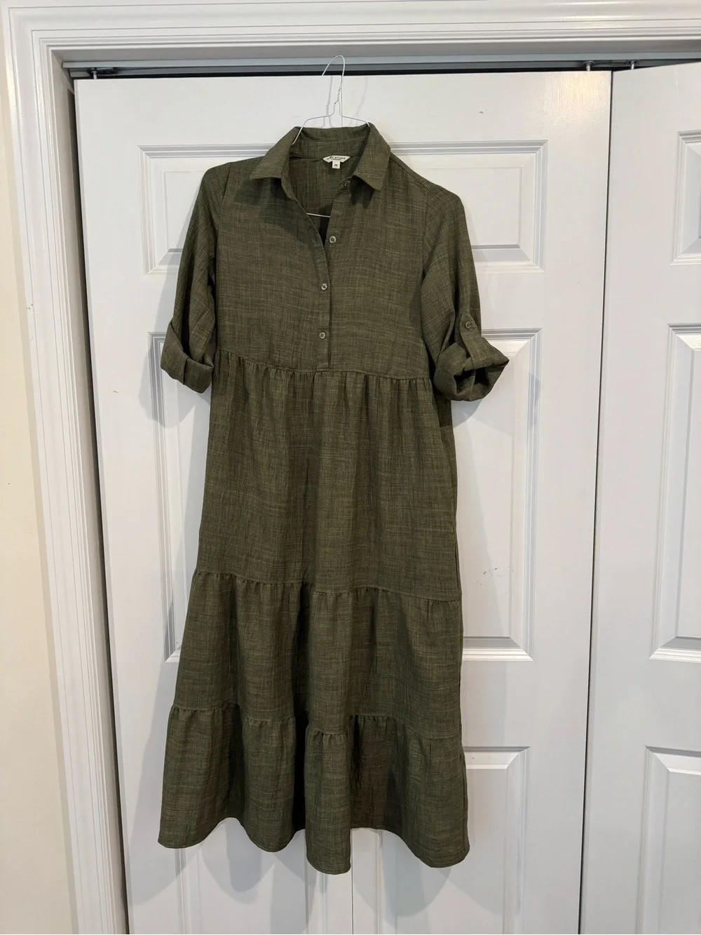 Max Studio London Olive Green Tiered Maxi Dress XS Boho